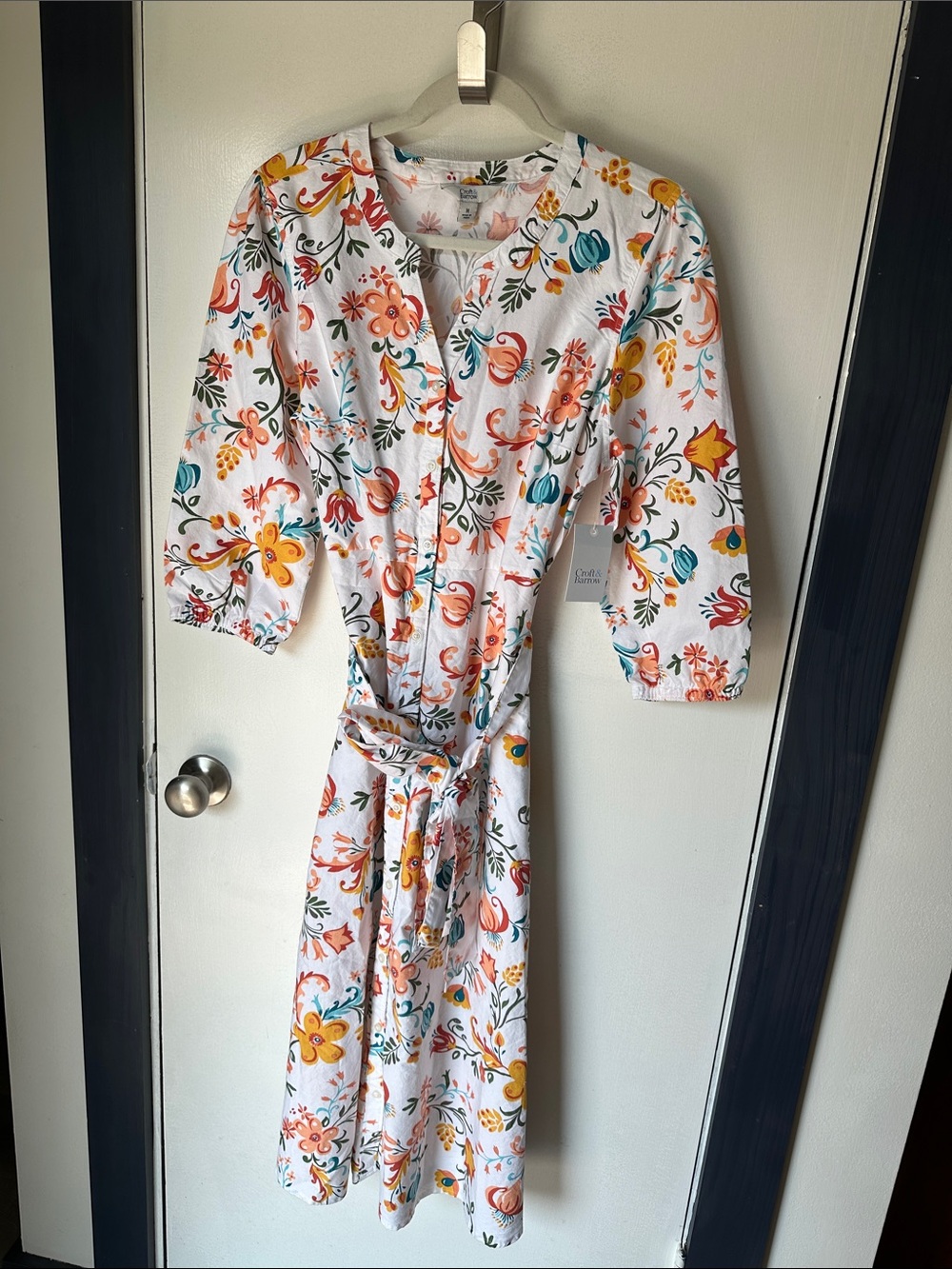NWT CROFT & Barrow White Floral Tie-Waist Midi Dress with Multi-Color Print